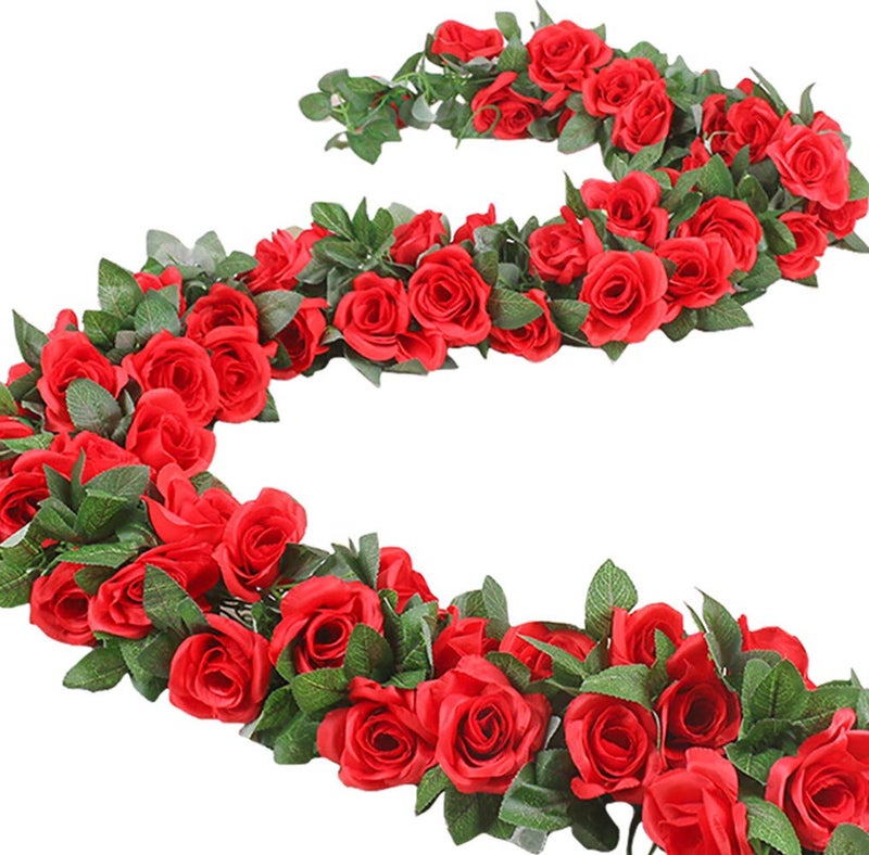 ZWYOQI 16 FT Fake Rose Vine Garland Artificial Flowers Plants Hanging Rose Ivy Home Hotel Office Wedding Party Garden DÃ©cor (Red/2PCS) - Image 1